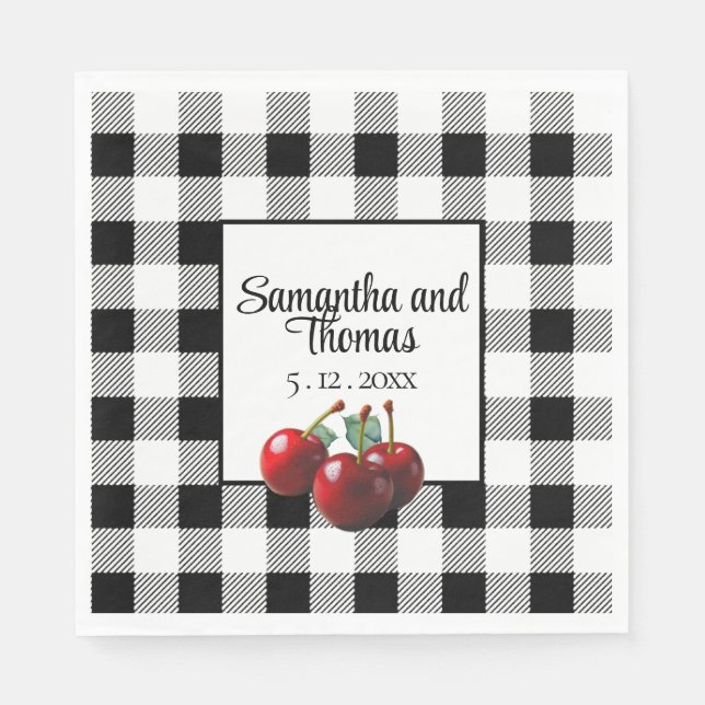Vintage körsbär svart vit gingham pappersservett (Framsidan)