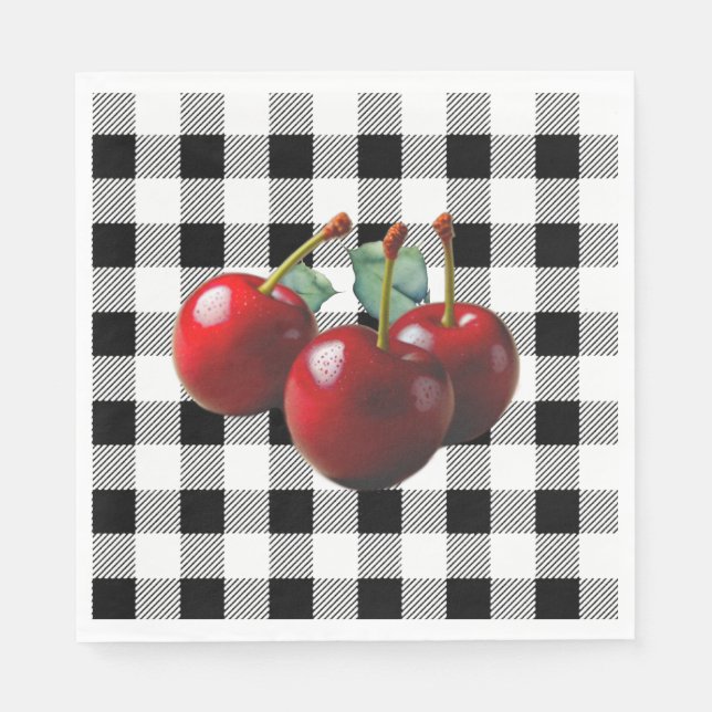 Vintage körsbär svart vit gingham pappersservett (Framsidan)
