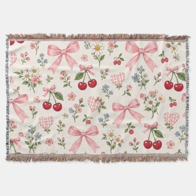 Vintage Körsbärsbåge Blommig Tygmönster | Rosa Gi Filt (Framsidan)