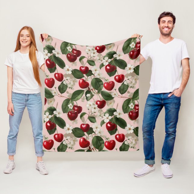 Vintage Körsbärsblomma Botanisk Rosa Röd Mönster Fleecefilt (På plats)