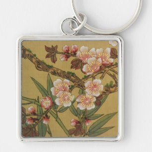 Vintage Körsbärsblommor Asiatiska Japanska Blommor Fyrkantig Silverfärgad Nyckelring