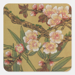 Vintage Körsbärsblommor Asiatiska Japanska Blommor Fyrkantigt Klistermärke