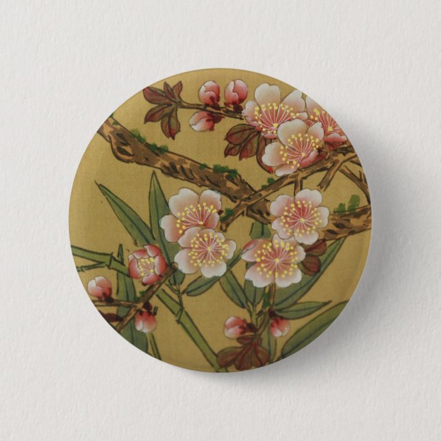 Vintage Körsbärsblommor Asiatiska Japanska Blommor Knapp (Framsida)