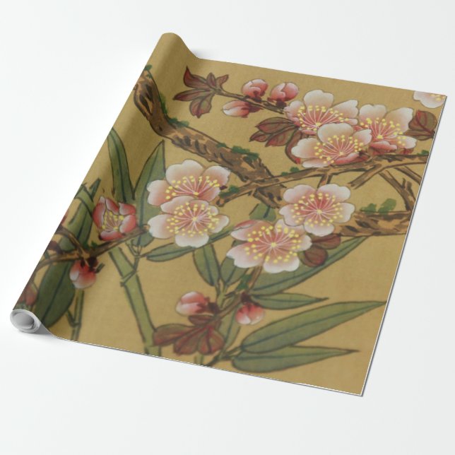 Vintage Körsbärsblommor Asiatiska Japanska Blommor Presentpapper (Utrullad)