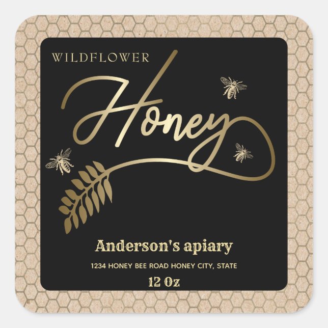 Vintage Kraft guld bee honey gren burk etikett (Framsida)