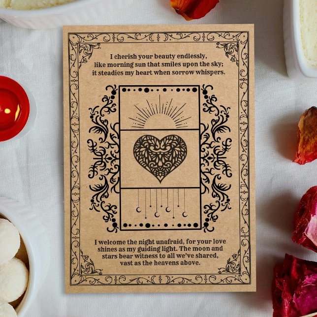 Vintage Kraft Sol Celestialt Hjärta Julkort (Celestial grace and vintage scrolls entwine, a Valentine that honors love’s enduring rhythm of light)