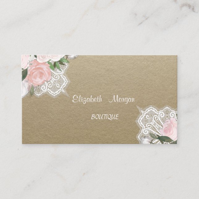 Vintage, Kraft, Spets, Akvarellblommor Visitkort (Framsida)