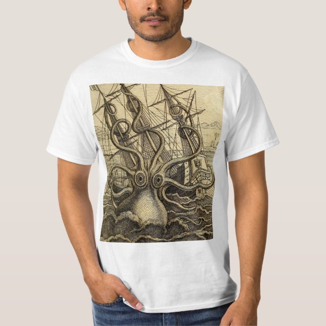 Vintage Kraken Skriv ut T Shirt (Framsida)