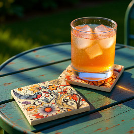 Vintage kräm och orange blomster fågel Cottagecore Stenunderlägg