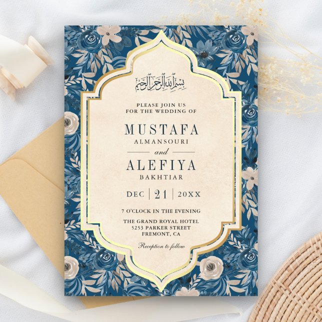 Vintage Krämgul Blå Blommig Muslimsk Bröllopsklänn Inbjudningar (Skapare uppladdad)
