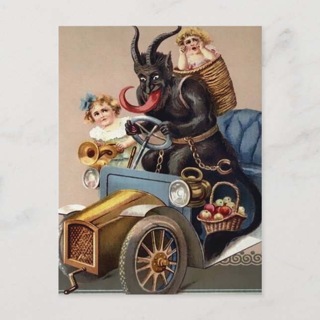 Vintage Krampus Driving Vykort (Framsida)