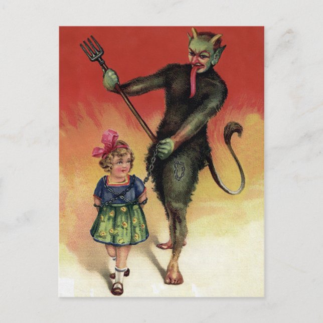 Vintage Krampus med Girl Vykort (Framsida)