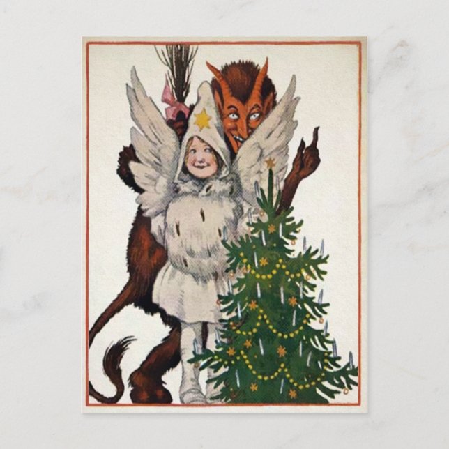 Vintage Krampus och Träd Vykort (Framsida)