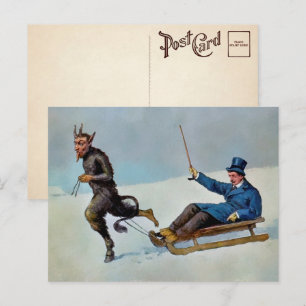 Vintage Krampus Pulling Sled Postcard Vykort