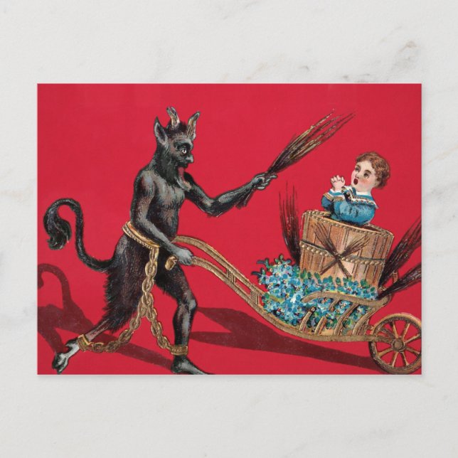 Vintage Krampus Wheelbarrow Vykort (Framsida)