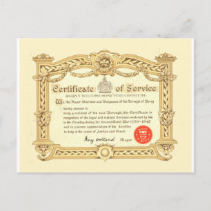 Vintage, Krig Service Certificate, Världskrig 2, 1 Vykort