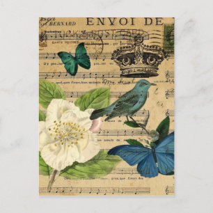 vintage krona fågel Musik noter fransk botaniska  Vykort