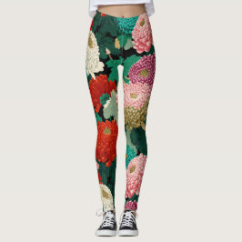 Vintage Krysantemum Blommor Botaniskt Mönster Leggings