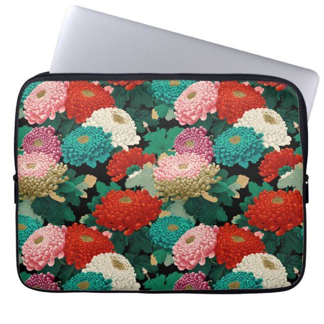 Vintage Krysantemum Färgrik Blommönster Laptop Fodral (Framsidan)