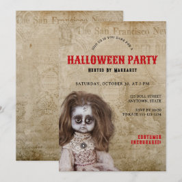 Vintage kuslig docka Halloween kostymfest Inbjudningar