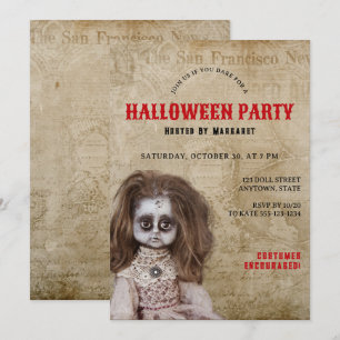 Vintage kuslig docka Halloween kostymfest Inbjudningar