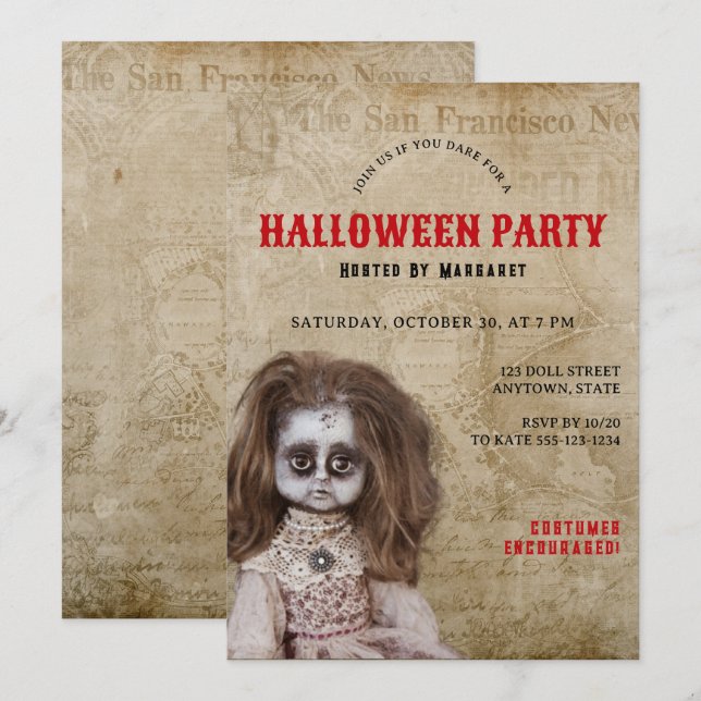 Vintage kuslig docka Halloween kostymfest Inbjudningar (Fram/baksida)