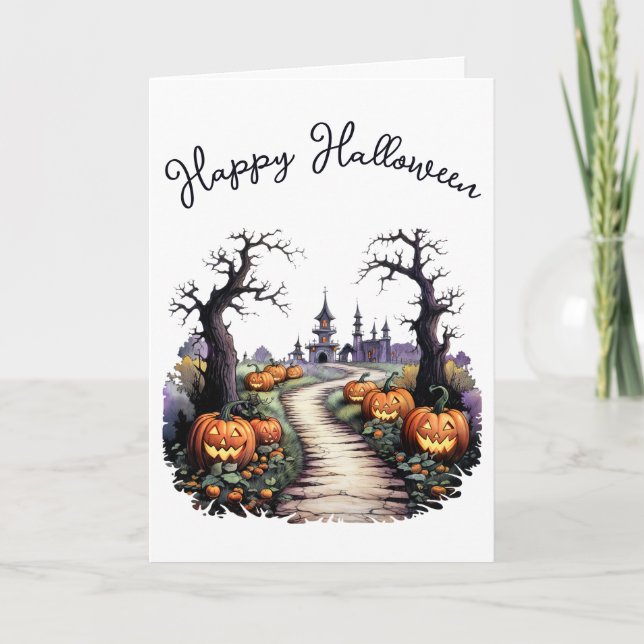 Vintage Kuslig Halloween Pumpafält Kort (Framsida)