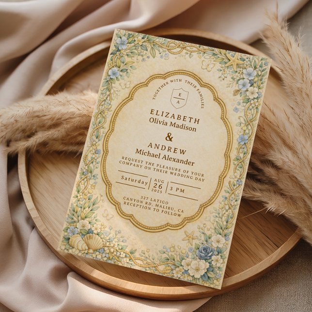 Vintage Kustnära Blommig Marin Bröllop Inbjudningar (Skapare uppladdad)
