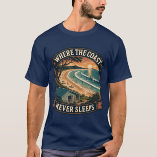 Vintage kustsolnedgång strand surfkonst t shirt