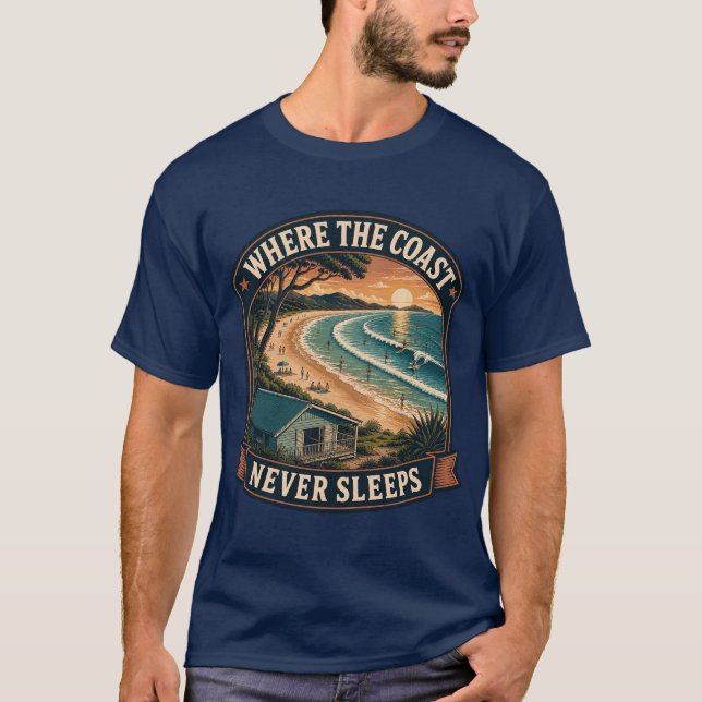 Vintage kustsolnedgång strand surfkonst t shirt (Framsida)