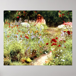 VINTAGE KVINNA BLOMSTER TRÄDGÅRD LANDSKAP POSTER
