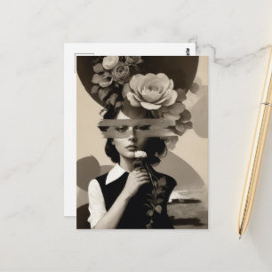 Vintage Kvinna Collage Blommig Sepia Vykort