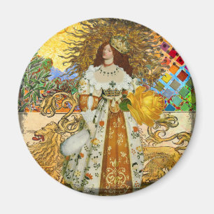 Vintage Kvinna Guld Sol: Lejon Stjärntecken Collag Magnet