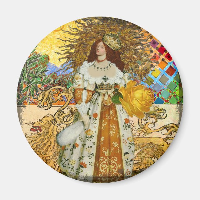 Vintage Kvinna Guld Sol: Lejon Stjärntecken Collag Magnet (Framsidan)