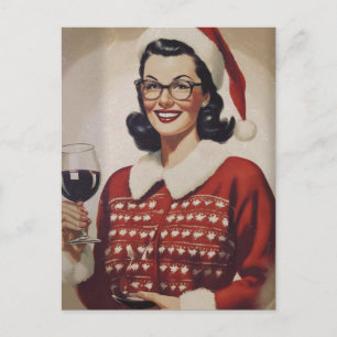 Vintage kvinna jul vin vykort