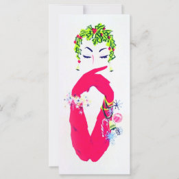 Vintage kvinna med långa rosa handskar julkort