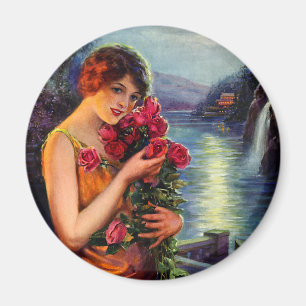 Vintage kvinna med röda rosor i månljus magnet