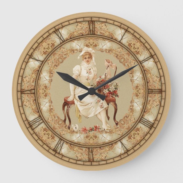 Vintage Kvinna på Bench Stor Klocka (Framsida)