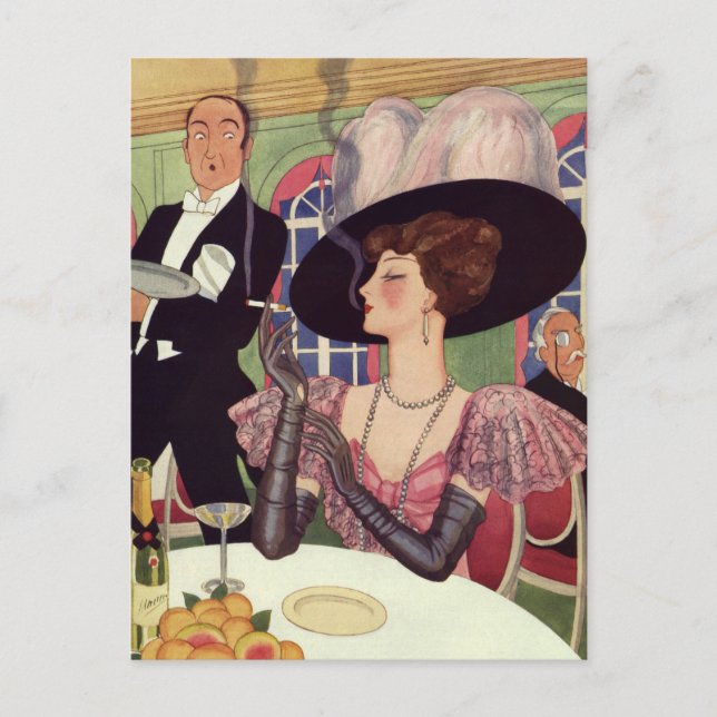 Vintage Kvinna Rökcigarett Drinking Champagne Vykort (Framsida)