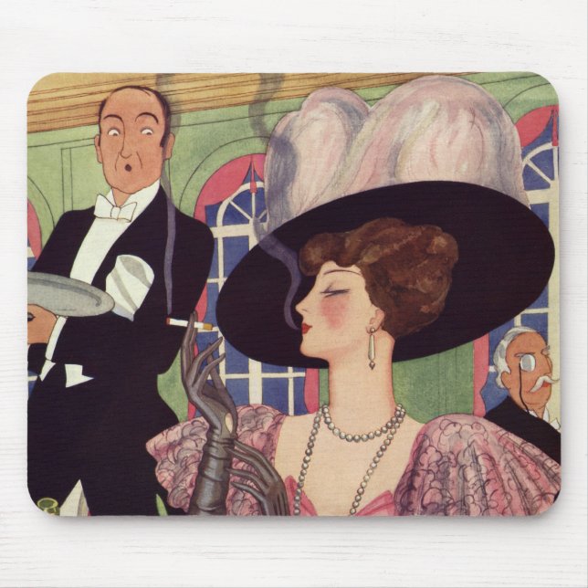 Vintage kvinna som röker cigarett och dricker cham musmatta (Framsidan)