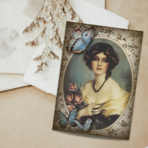 vintage kvinna som segrat i blommigt visitkort