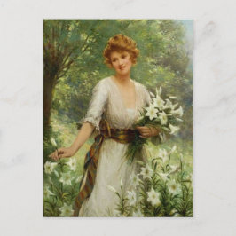 Vintage Kvinna Stående i våren blommor Vykort