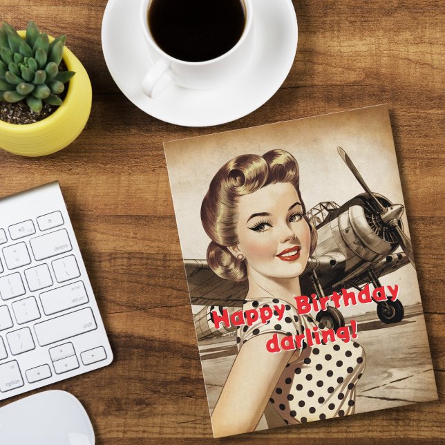 Vintage Kvinna & WW2 Flygplan, Elegant Födelsedag Vykort (Skapare uppladdad)