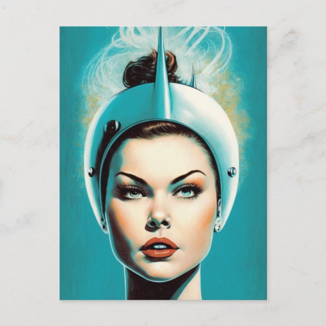 Vintage kvinnlig astronaut vykort (Framsida)