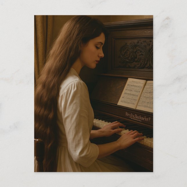 Vintage kvinnlig pianist vykort (Framsida)