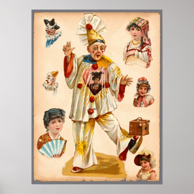 Vintage Kvinnor & Cirkusclowner Ephemera Collage Poster (Framsidan)