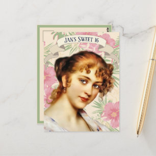 Vintage Kvinnor med Rosa Hibiscus Blominbjudan Vykort