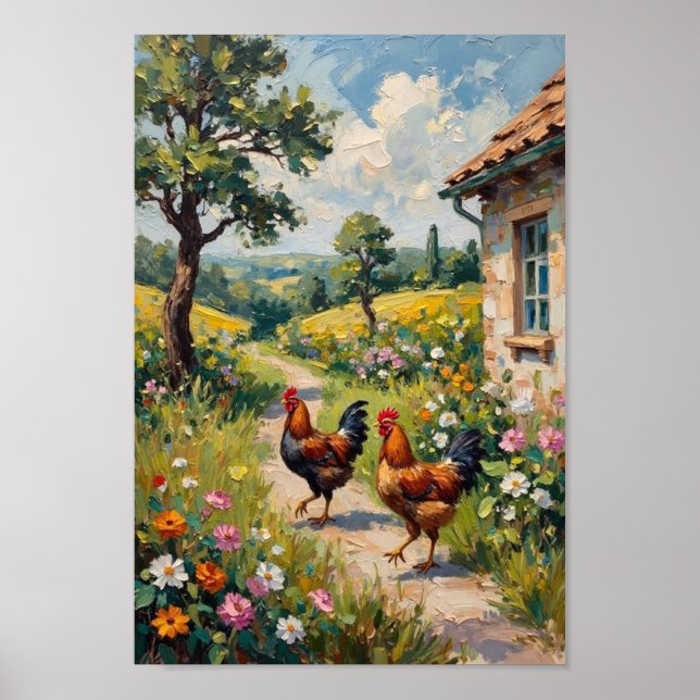 Vintage Kyckling Trädgård Farm Konst Poster (Framsidan)