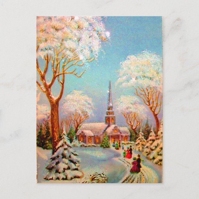 Vintage kyrka snöscen konst vykort (Framsida)