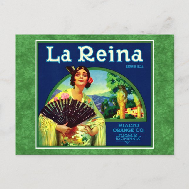 Vintage La Reina Orange Etikett Vykort (Framsida)